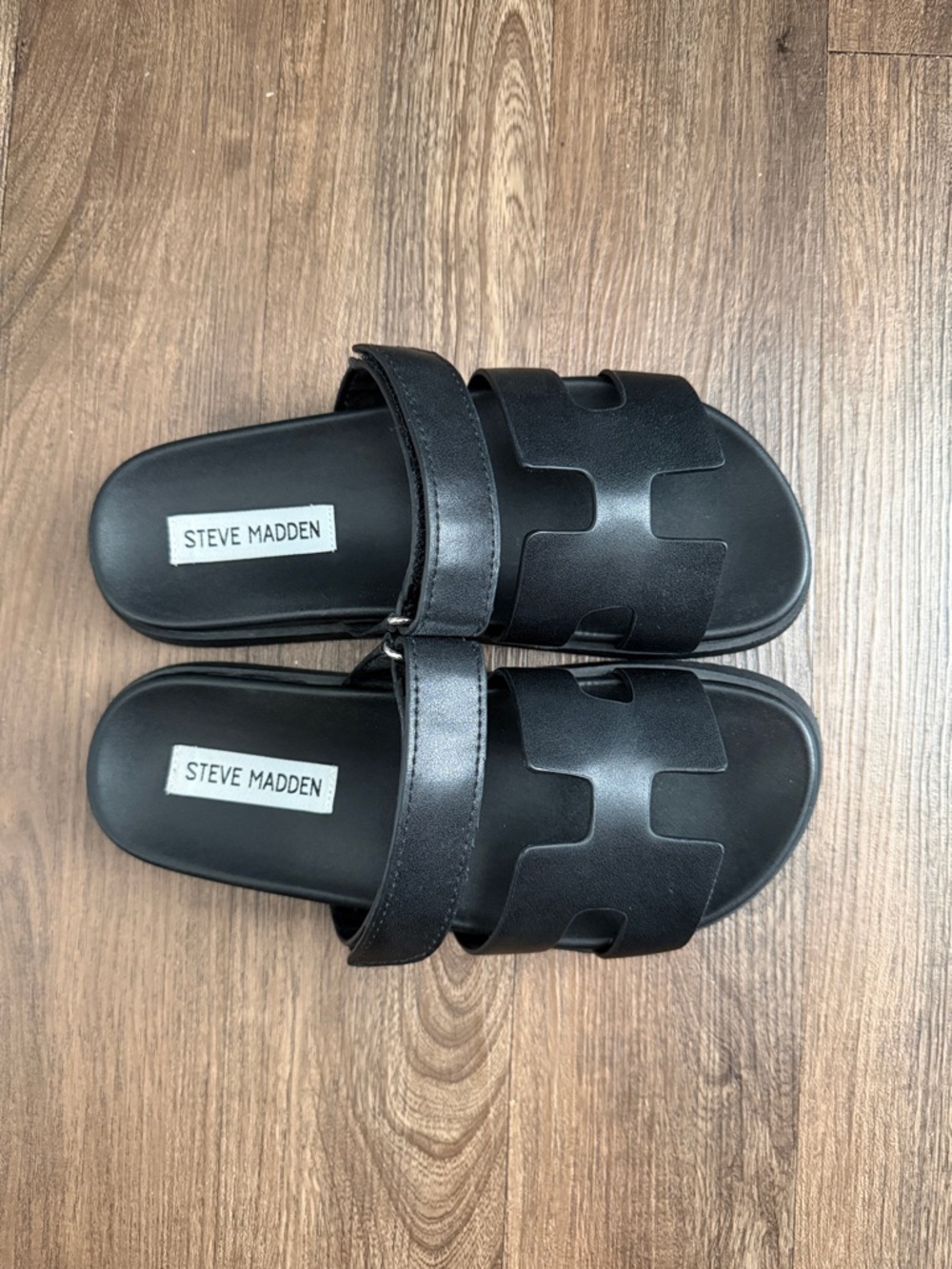Steve Madden Black Leather Cutout Slide Sandals